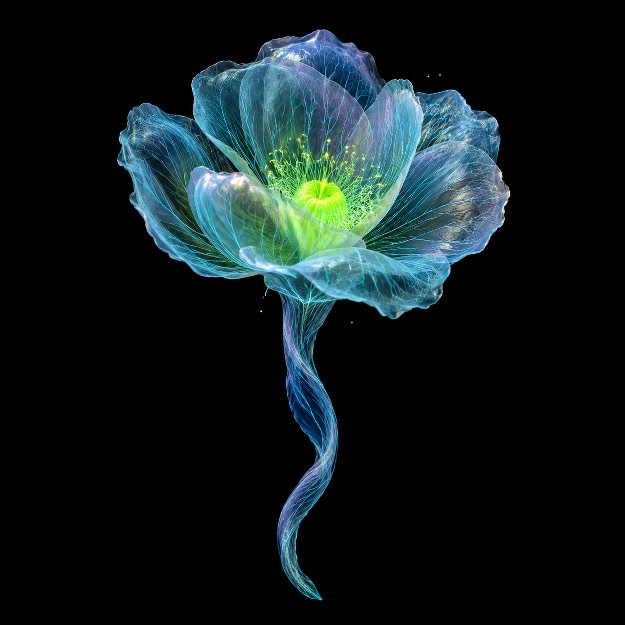 现有Xeed青色膜状花瓣、黄绿色中心、弯曲细长茎的静态艺术候选